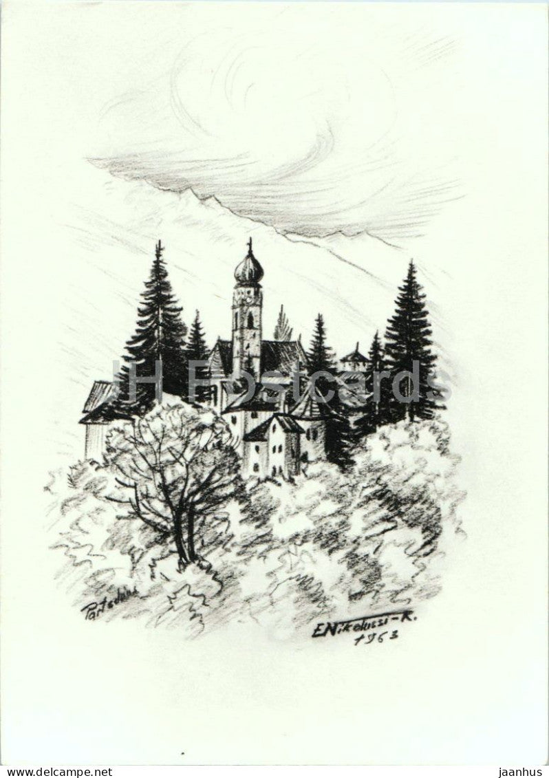 drawing by Nikolussi- Partschins - South Tyrol - church - 1963 - Italy - unused - JH Postcards