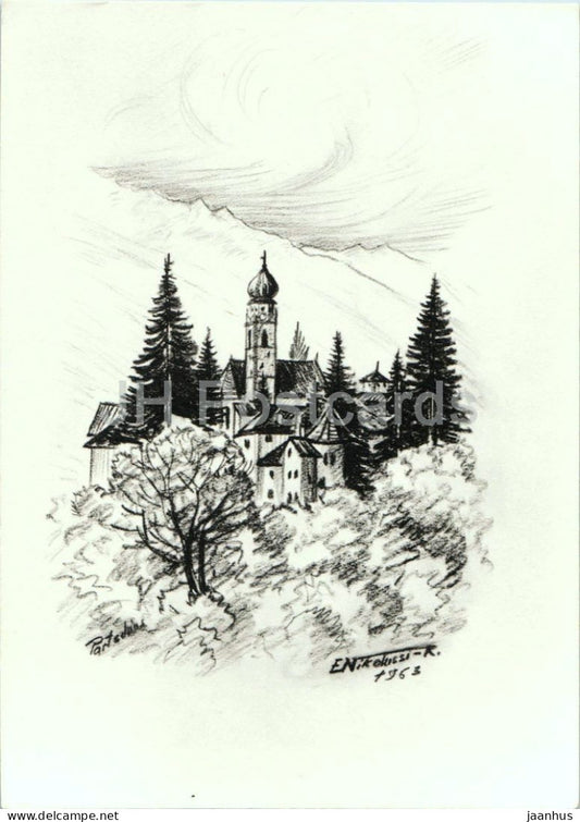 drawing by Nikolussi- Partschins - South Tyrol - church - 1963 - Italy - unused - JH Postcards