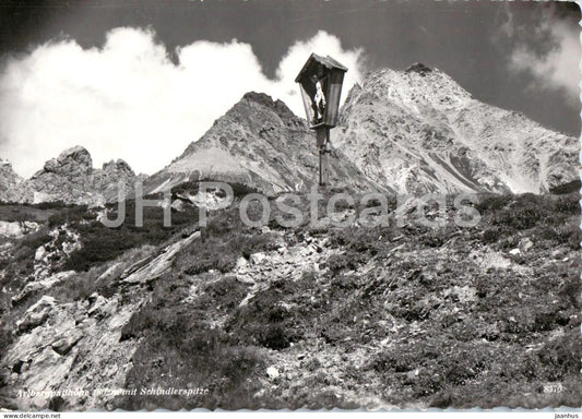 Arlbergpasshohe mit Schindlerspitze - mountain landscape - summit cross, Alps - 8570 - old postcard - Austria - unused - JH Postcards