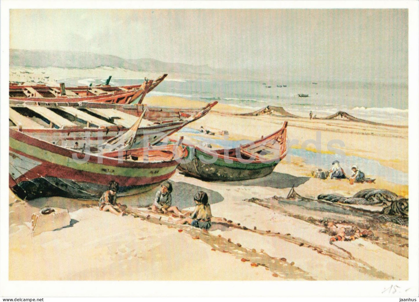 watercolor by Roque Gameiro - Boats at Nazare - boat - Portuguese art - old - 1950s - Portugal - unused - JH Postcards