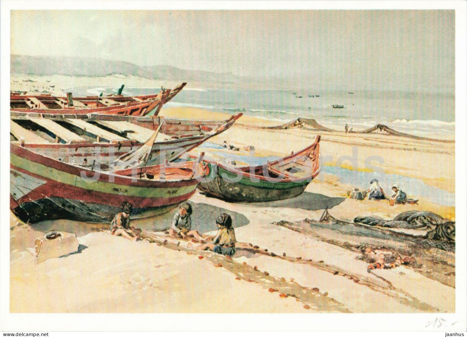 watercolor by Roque Gameiro - Boats at Nazare - boat - Portuguese art - old - 1950s - Portugal - unused - JH Postcards