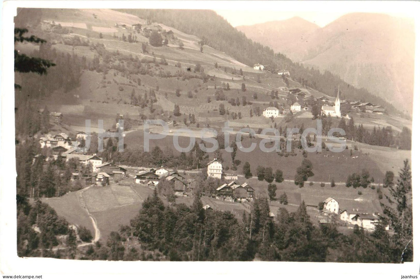 village view with church - old postcard - Austria - 1940s - used - JH Postcards