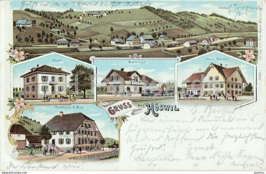 Gruss aus Huswil - Post - Gasthaus - Haus Berner - Bahnhof - Max Roon - Litho - old postcard - 1902 - Switzerland - used - JH Postcards