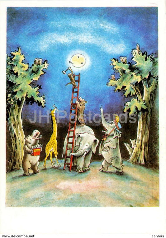 elephant - hippopotamus moon The Giant Cockroach - Fairy Tale by Chukovsky - illustration - 1969 - Russia USSR - unused - JH Postcards