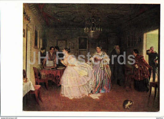 painting by Pavel Fedotov - The Majors Courtship - cat - Russian art - 1965 - Russia USSR - unused - JH Postcards
