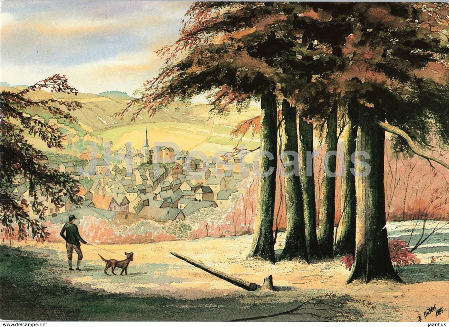 watercolor by Horst Muller - Nickenich Laacher See Eifel - dog - German art - 1991 - Germany - used - JH Postcards