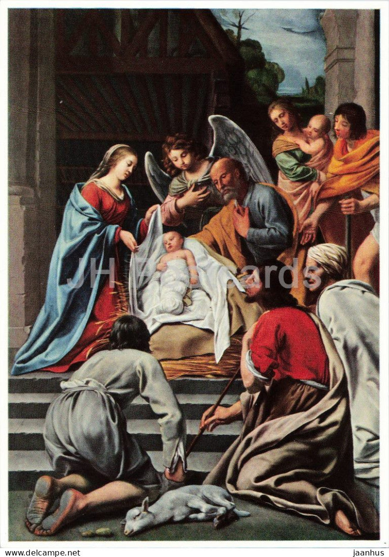 painting by Le Nain - The Adoration of the Shepherds - Die Anbetung der Hirten - sheep - French art - Germany - unused - JH Postcards