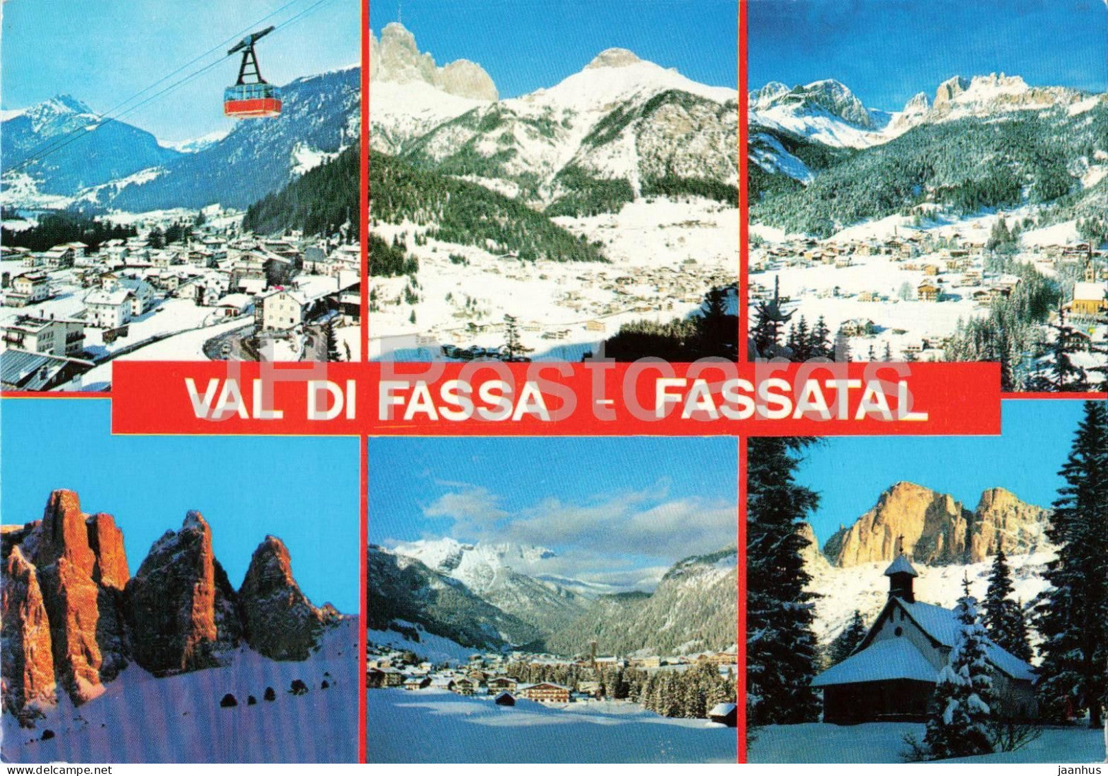 Val di Fassa Fassatal - Dolomites - panorama - cable car - village - mountains - Alps - multiview - 1987 - Italy - used - JH Postcards