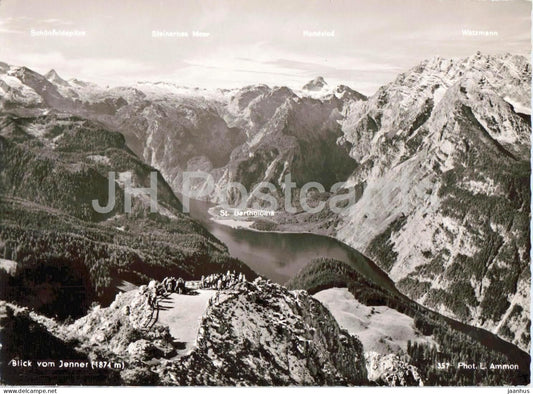 Blick vom Jenner auf St. Bartholoma - alpine panorama - lake - Alps - mountains - 357 - old postcard - Germany - used - JH Postcards