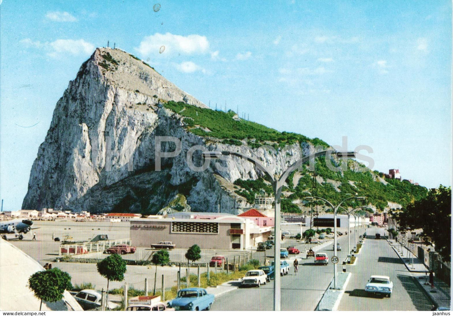 Rock of Gibraltar from Winston Churchill's Avenue - airport runway - car - 67 - Gibraltar - unused - JH Postcards