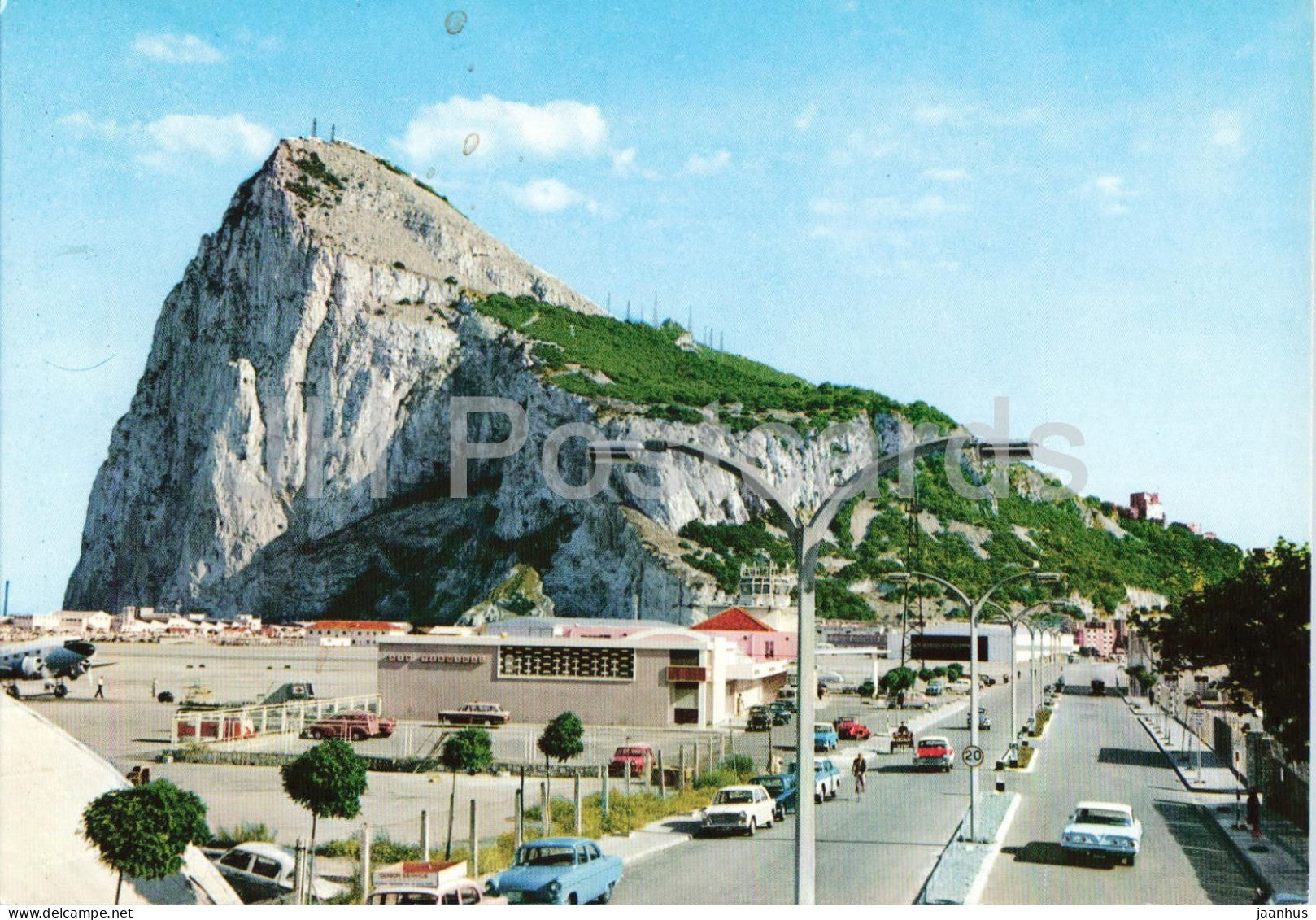 Rock of Gibraltar from Winston Churchill's Avenue - airport runway - car - 67 - Gibraltar - unused - JH Postcards