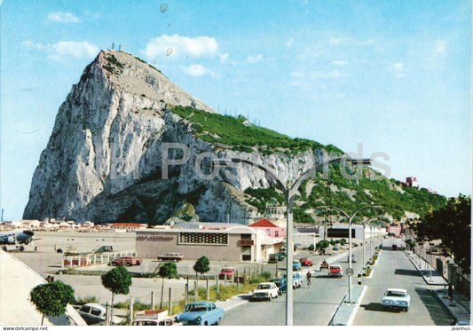 Rock of Gibraltar from Winston Churchill's Avenue - airport runway - car - 67 - Gibraltar - unused - JH Postcards