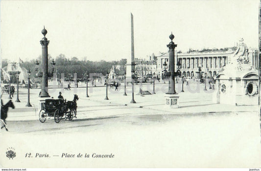 Paris - Place de la Concorde - Concorde Square - horse carriage - 12 - old postcard - France - unused - JH Postcards