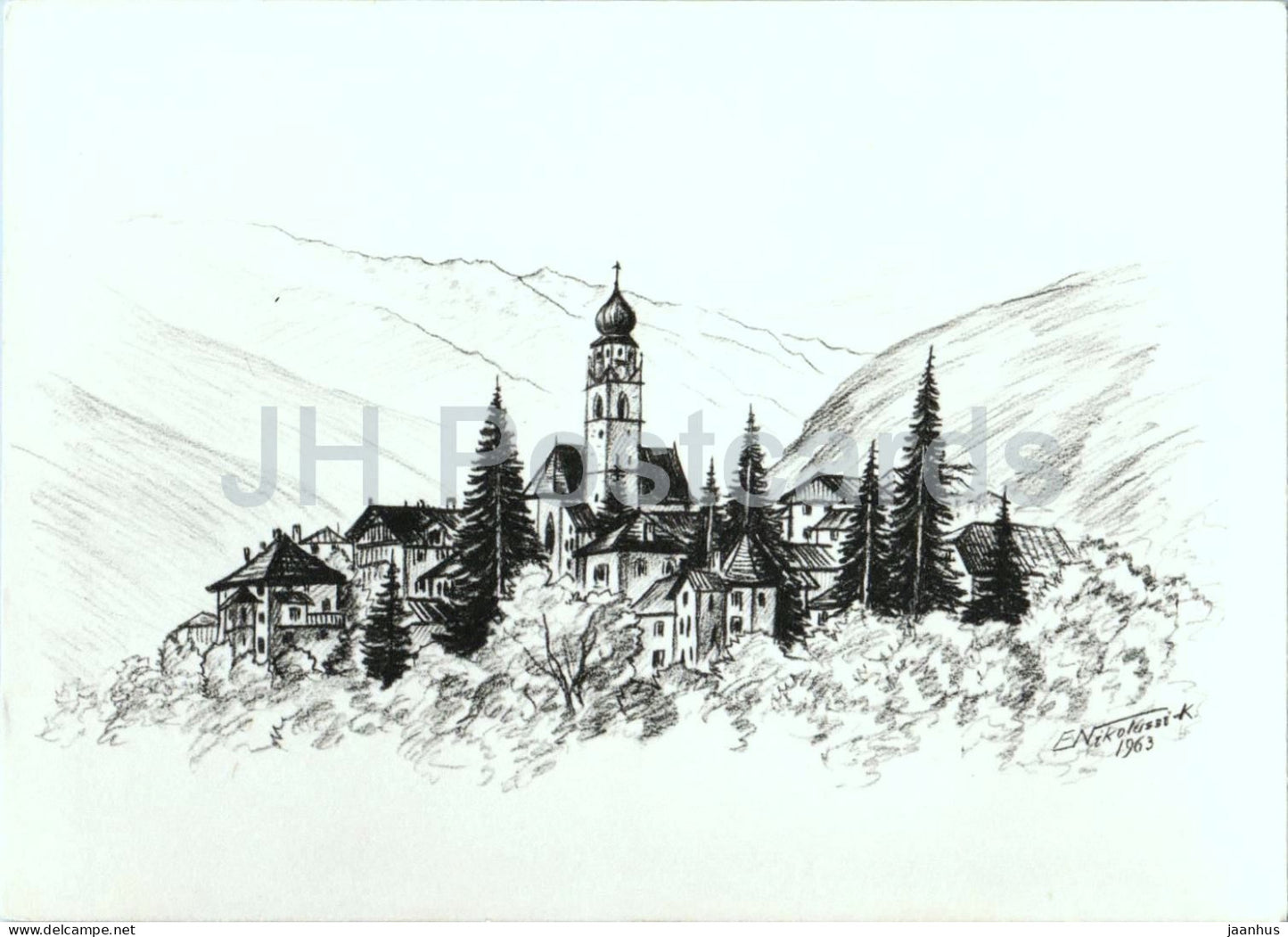 drawing by Nikolussi - alpine village with church - South Tyrol - 1963 - Italy - unused - JH Postcards