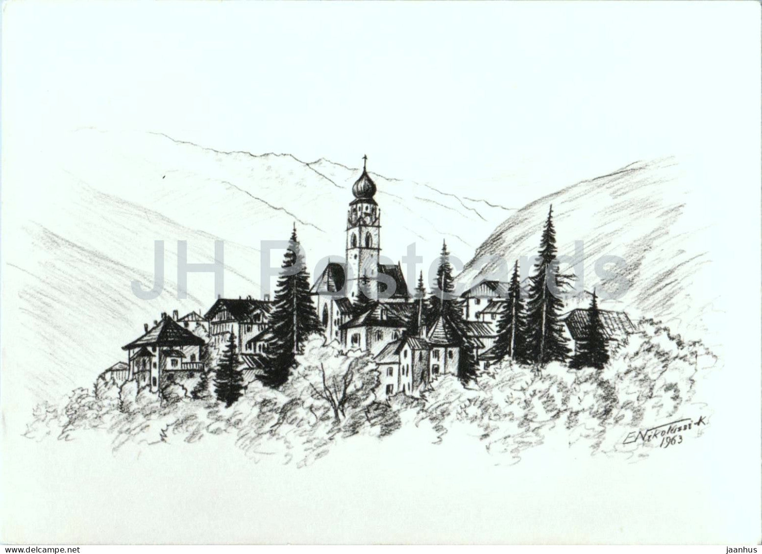 drawing by Nikolussi - alpine village with church - South Tyrol - 1963 - Italy - unused - JH Postcards