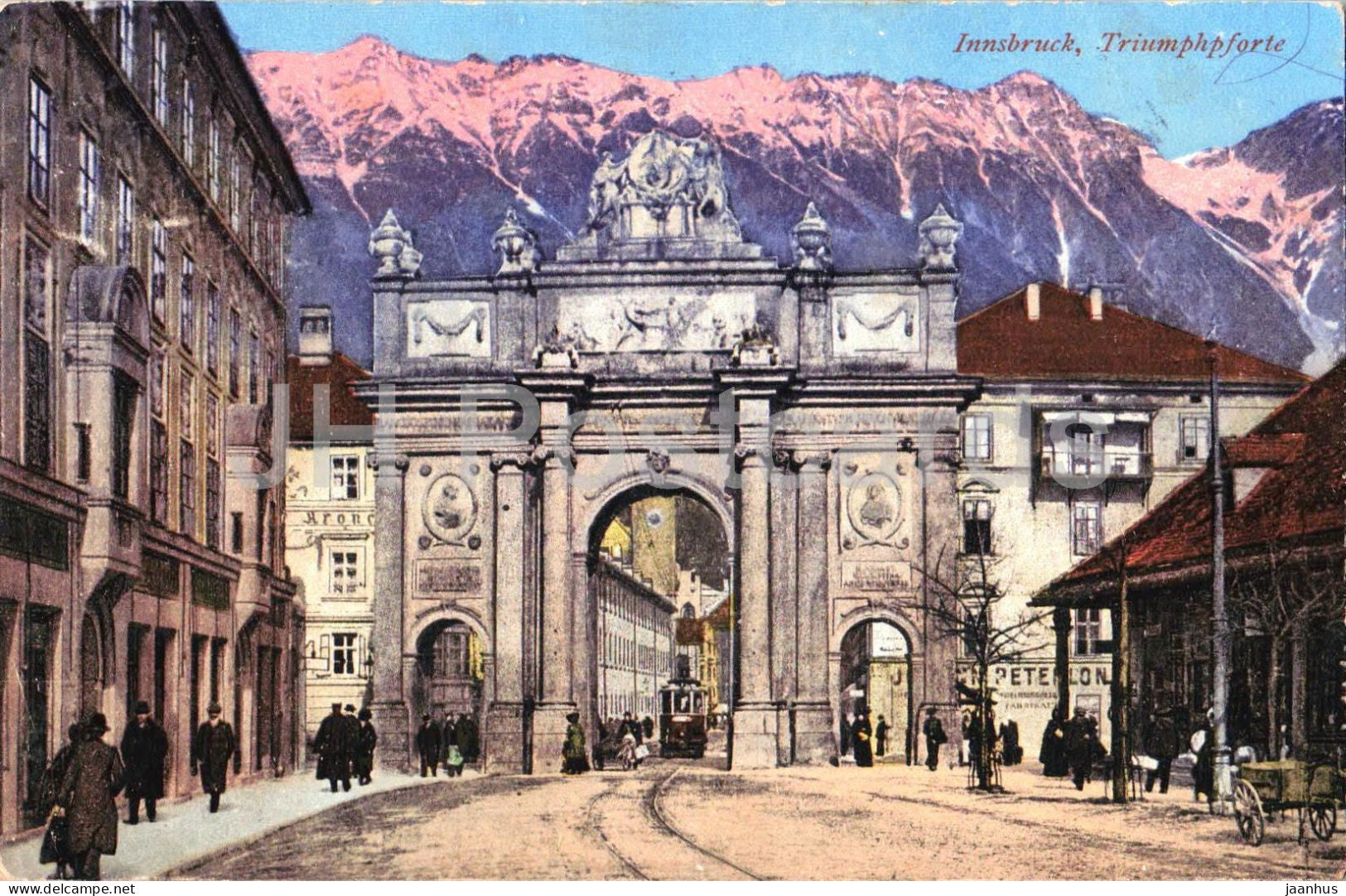 Innsbruck - Triumphpforte - city view street scene - tram - 15006 - old postcard - 1914 - Austria - used - JH Postcards