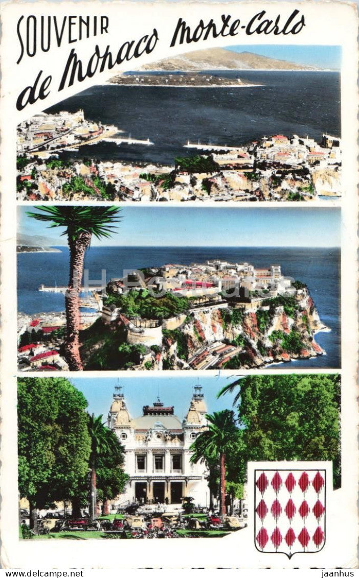 Monte-Carlo - Souvenir de Monaco Monte-Carlo - harbour palace casino coat of arms - 1961 - old postcard - Monaco - used - JH Postcards