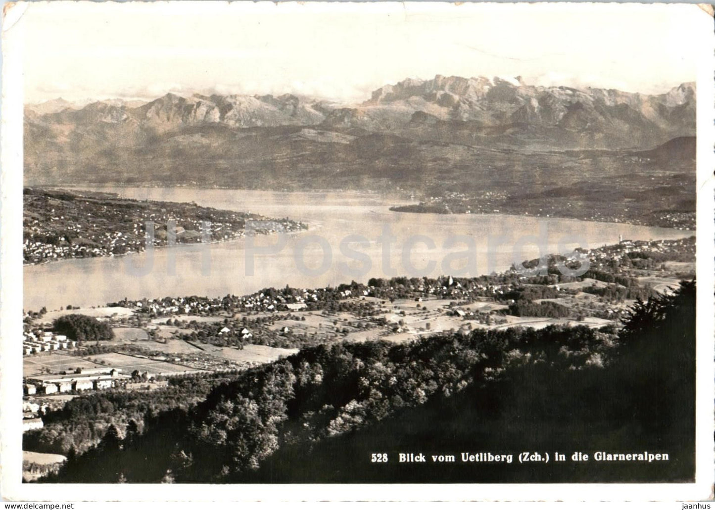 Blick vom Uetliberg in die Glarneralpen - lake - mountains - panorama - 528 - old postcard - 1956 - Switzerland - used - JH Postcards