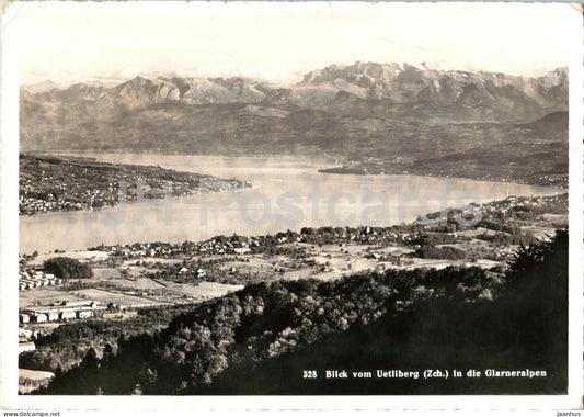 Blick vom Uetliberg in die Glarneralpen - lake - mountains - panorama - 528 - old postcard - 1956 - Switzerland - used - JH Postcards