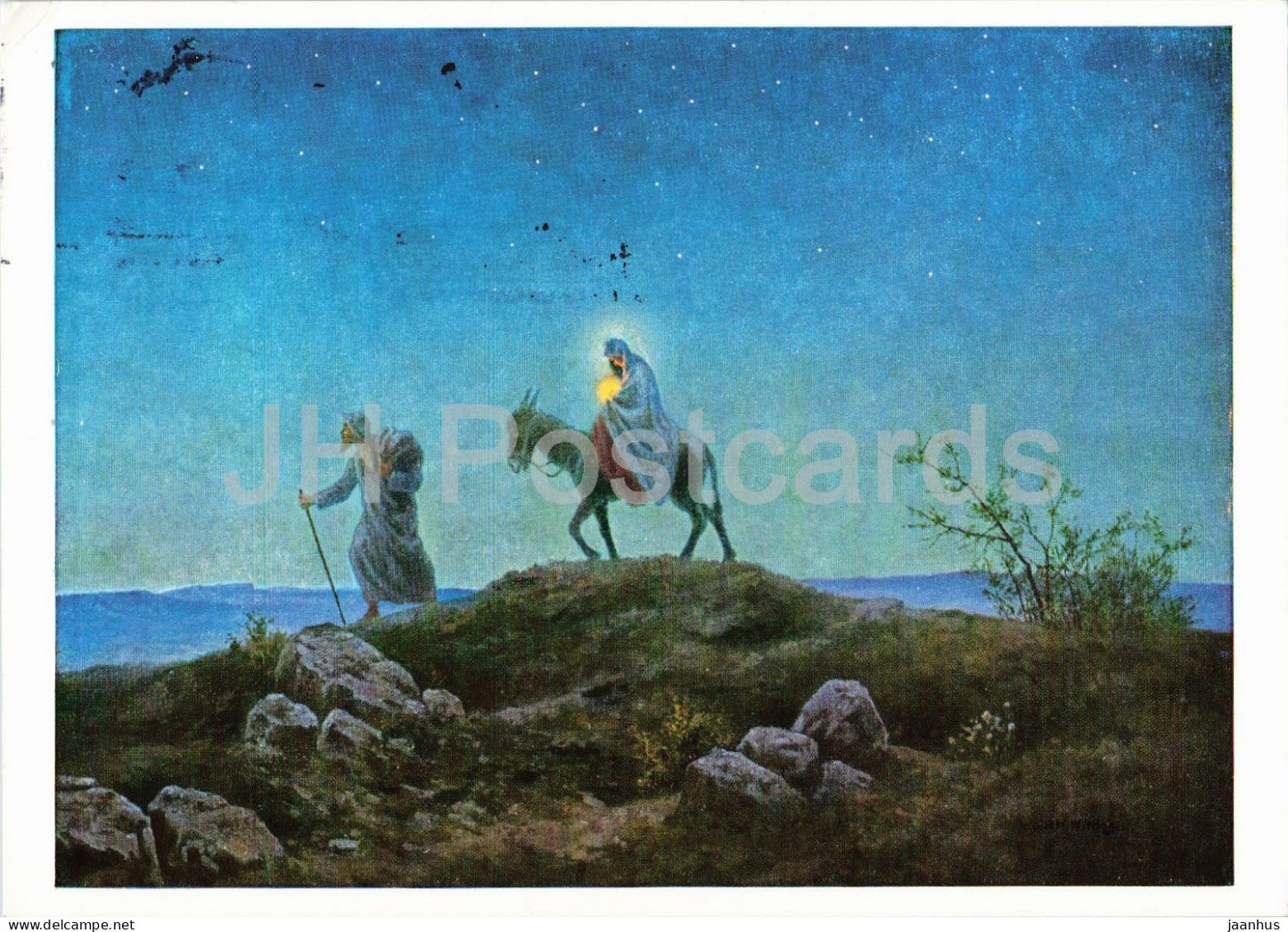 painting by Walther Witting - The Flight into Egypt - Auf der Flucht - donkey - German art - 1984 - Germany - used - JH Postcards