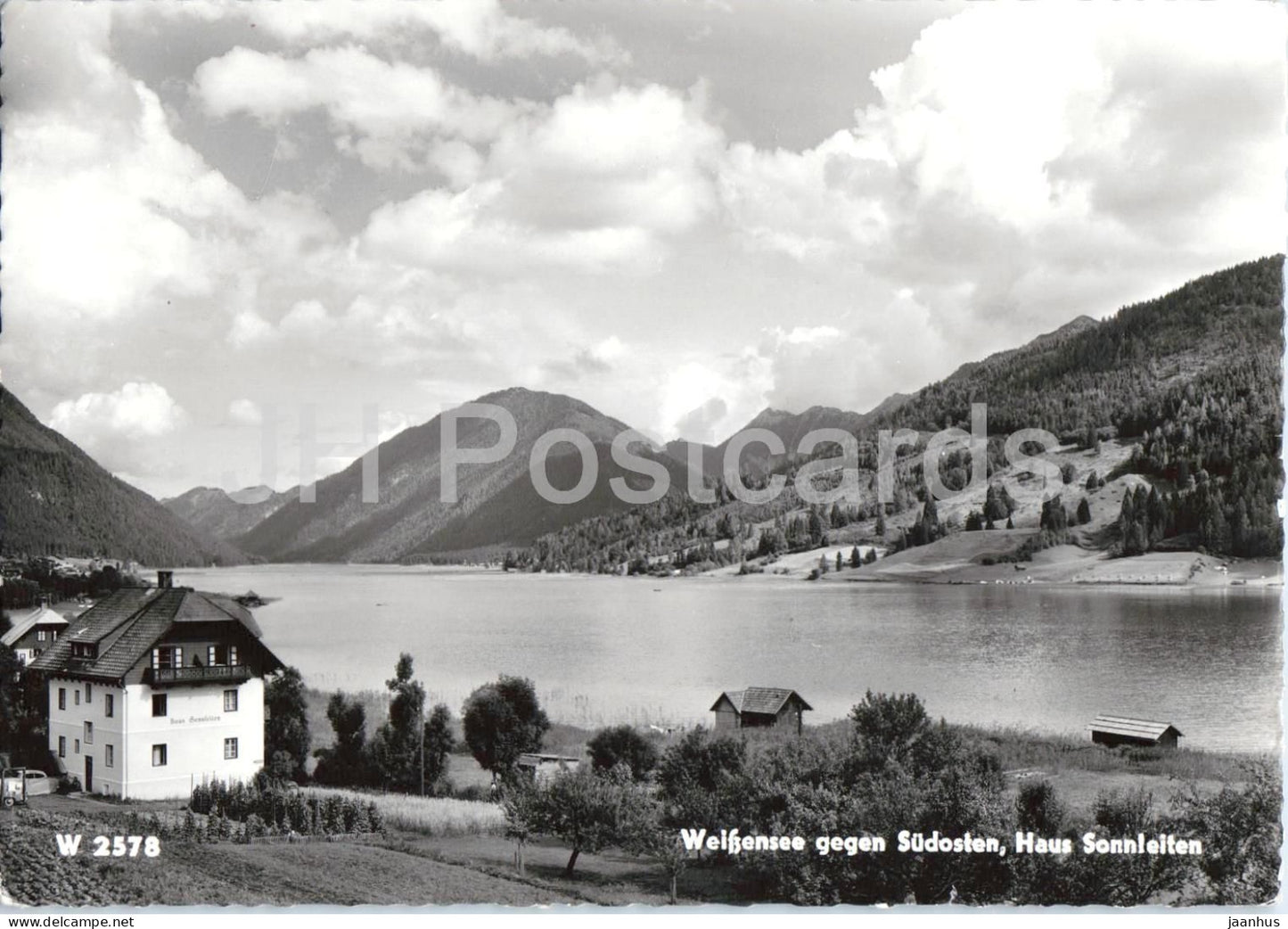 Weissensee gegen Sudosten - Haus Sonnleiten - lake view - alpine landscape - 2578 - old postcard - 1959 - Austria - used - JH Postcards