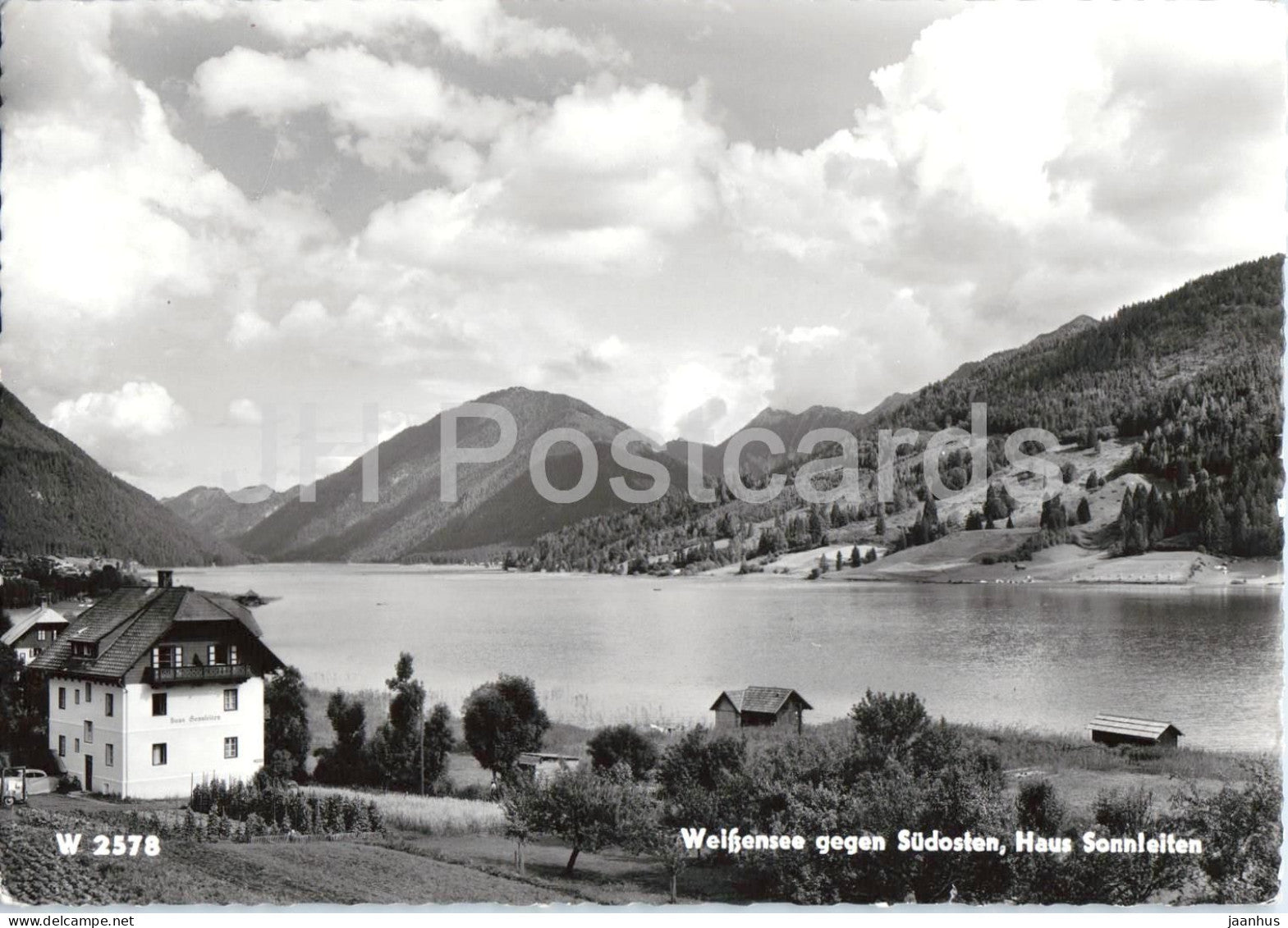 Weissensee gegen Sudosten - Haus Sonnleiten - lake view - alpine landscape - 2578 - old postcard - 1959 - Austria - used - JH Postcards