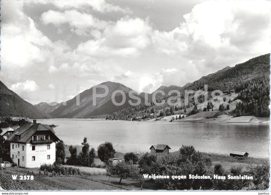 Weissensee gegen Sudosten - Haus Sonnleiten - lake view - alpine landscape - 2578 - old postcard - 1959 - Austria - used - JH Postcards
