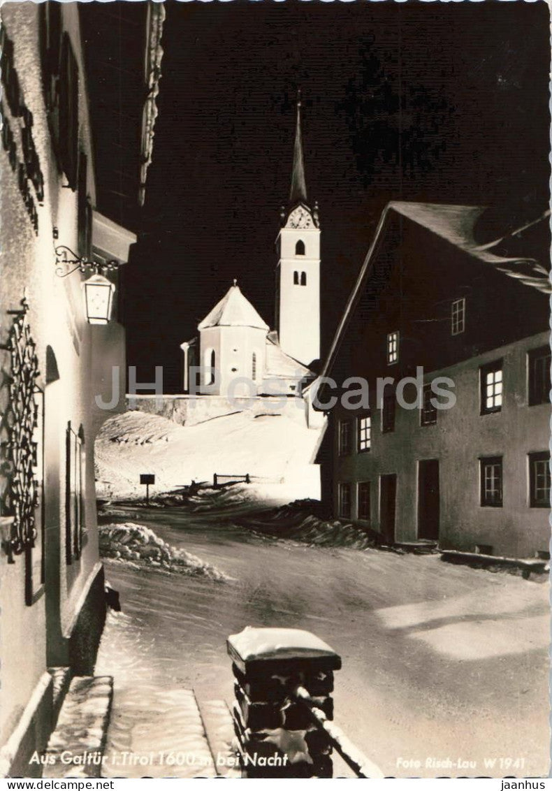 Aus Galtur i. Tirol 1600 m bei Nacht - winter night view - village street - church - old postcard - Austria - unused - JH Postcards