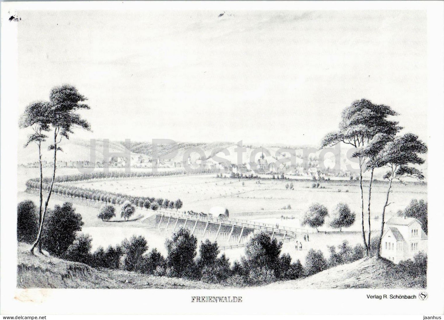 Bad Freienwalde - Panoramaansicht - panoramic view of the town - steel engraving circa 1840 - 1992 - Germany - used - JH Postcards