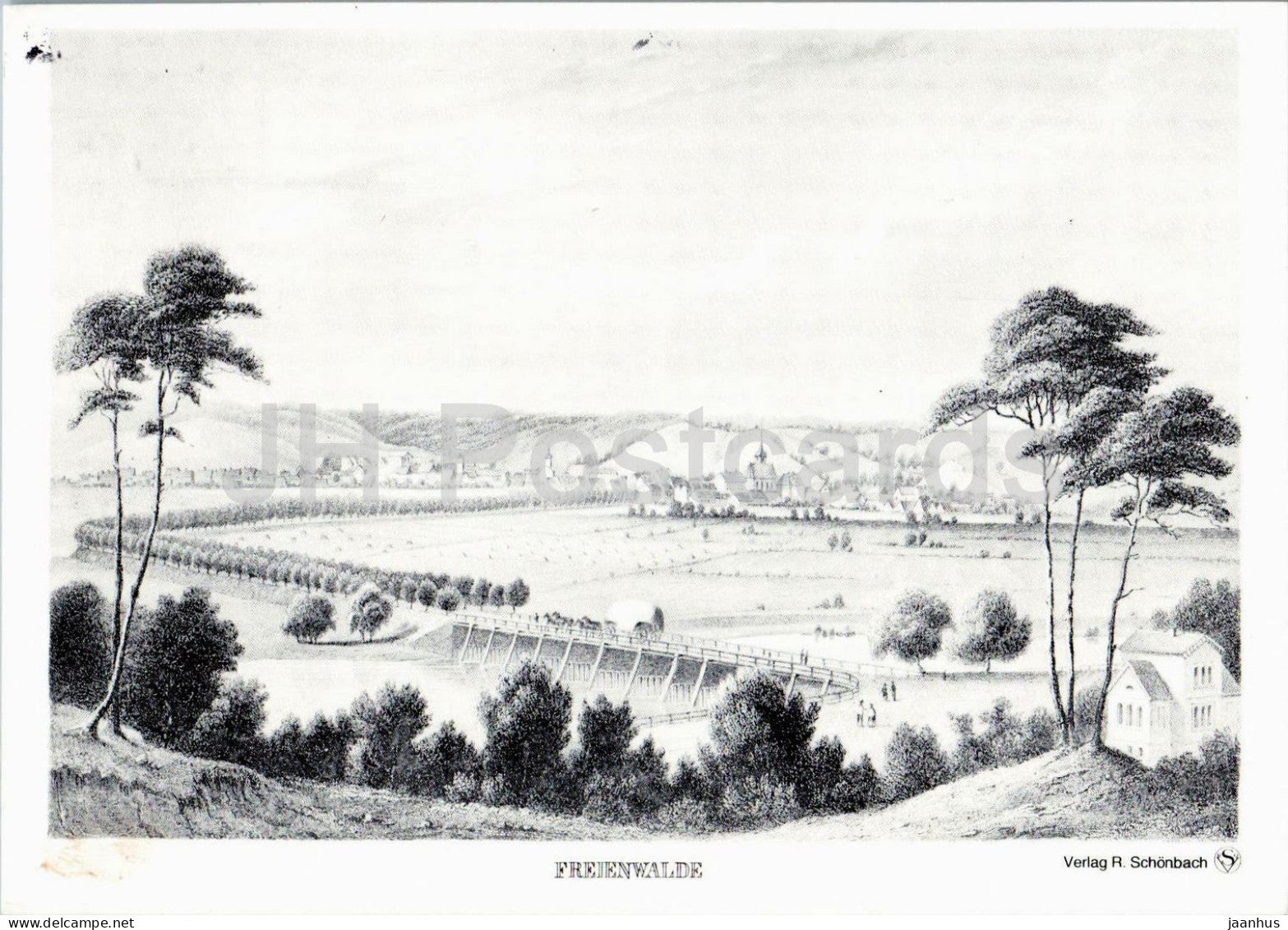 Bad Freienwalde - Panoramaansicht - panoramic view of the town - steel engraving circa 1840 - 1992 - Germany - used - JH Postcards