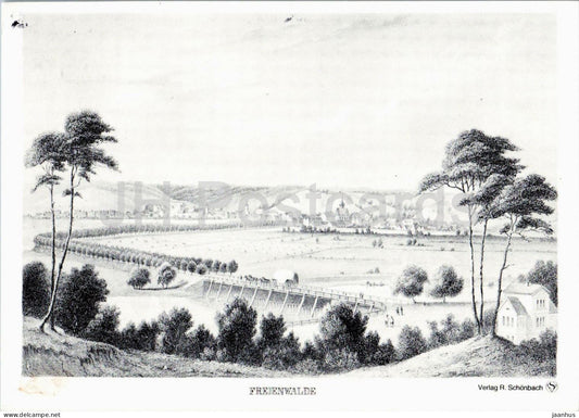 Bad Freienwalde - Panoramaansicht - panoramic view of the town - steel engraving circa 1840 - 1992 - Germany - used - JH Postcards