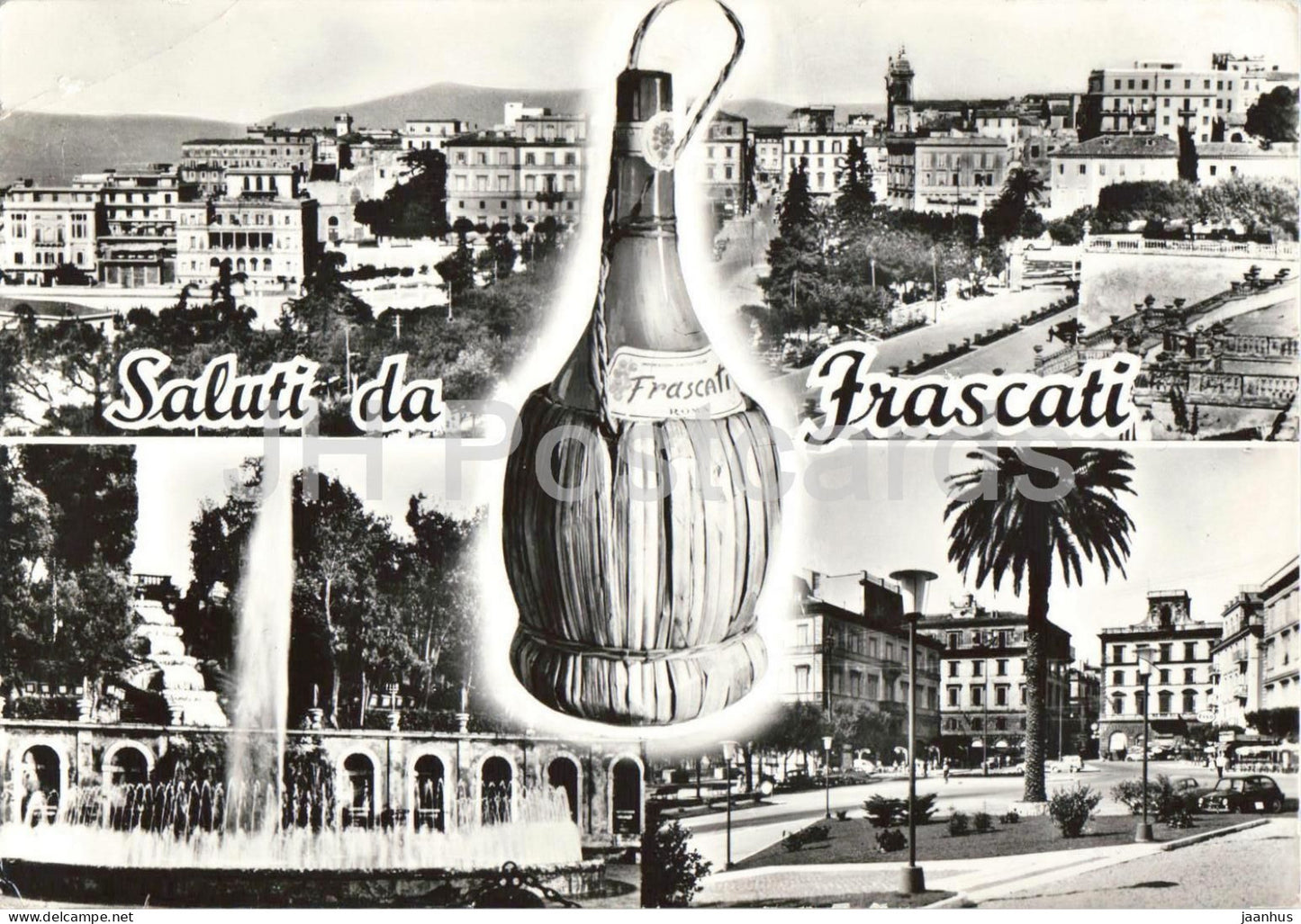 Saluti da Frascati - Greetings - wine bottle - town - streets - multiview - old postcard - 1950s - Italy - used - JH Postcards