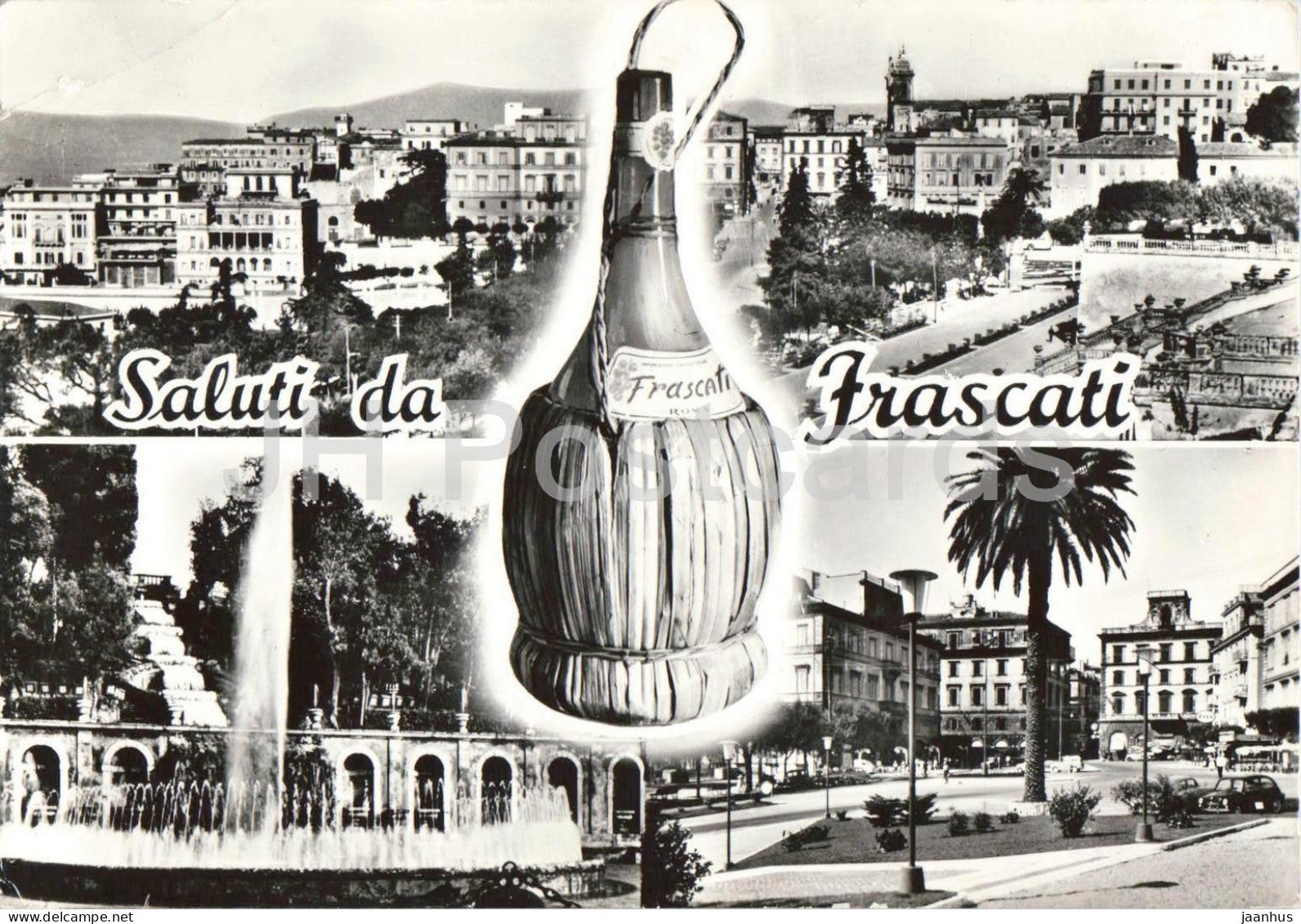 Saluti da Frascati - Greetings - wine bottle - town - streets - multiview - old postcard - 1950s - Italy - used - JH Postcards