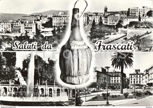 Saluti da Frascati - Greetings - wine bottle - town - streets - multiview - old postcard - 1950s - Italy - used - JH Postcards