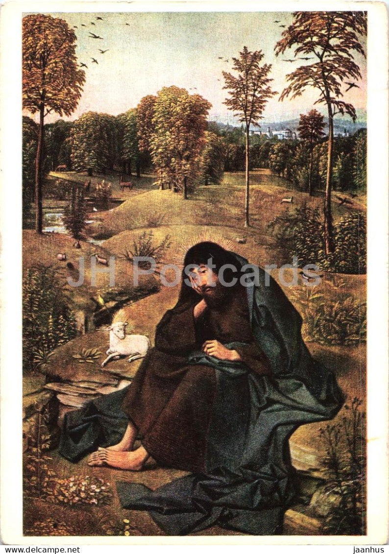 painting by Geertgen tot Sint Jans - St John the Baptist - Johannes der Taufer - old postcard 1958 - Switzerland - used - JH Postcards
