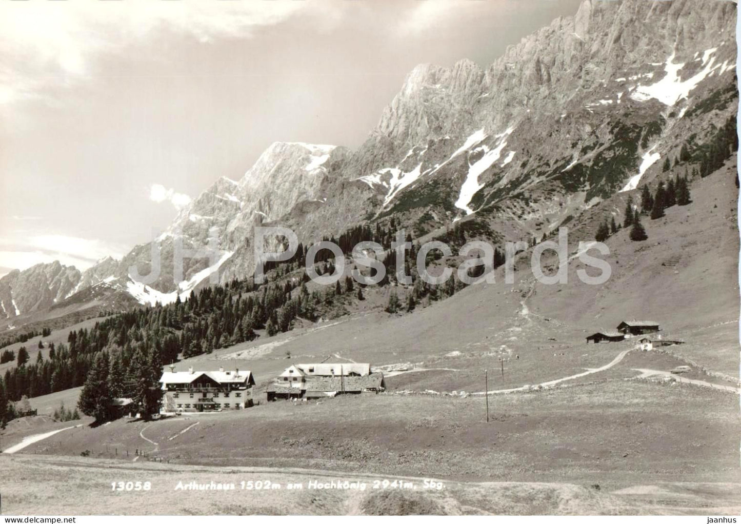 Arthurhaus am Hochkonig - mountain hotel - alpine meadow - panorama - 13058 - old postcard - Austria - unused - JH Postcards