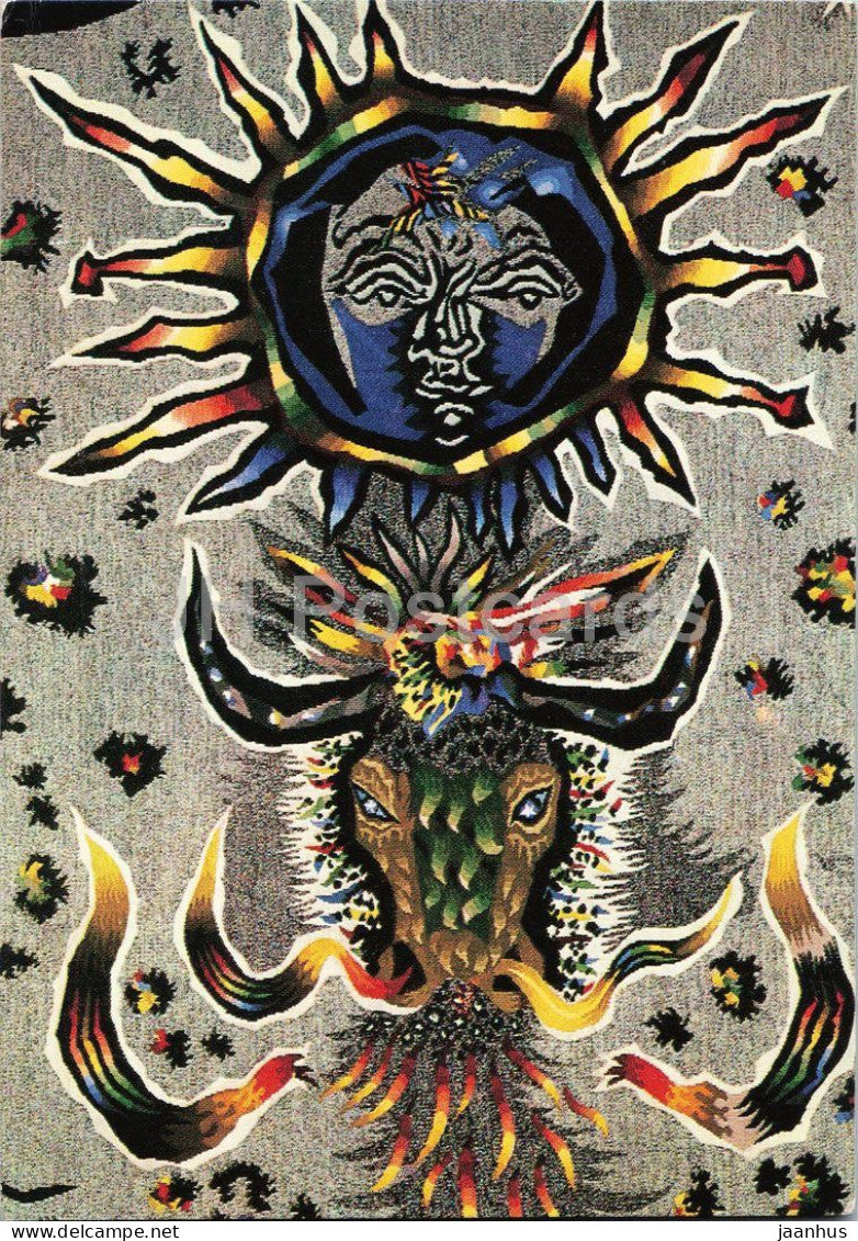tapestry by Jean Lurcat - Bull - Stier - detail of La flamme et locean - French art - 1965 - France - unused - JH Postcards
