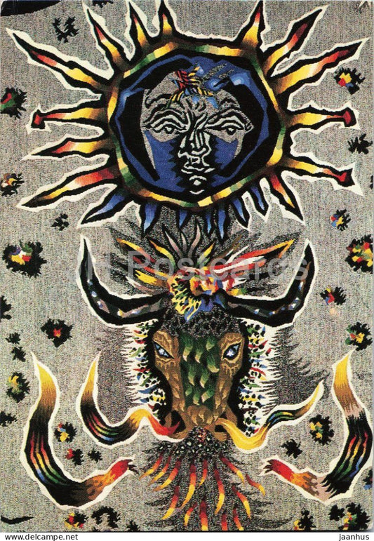 tapestry by Jean Lurcat - Bull - Stier - detail of La flamme et locean - French art - 1965 - France - unused - JH Postcards