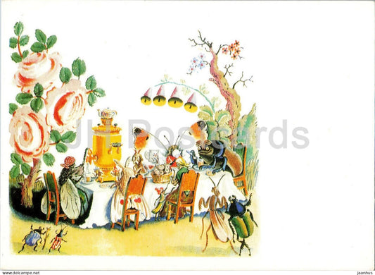 shop - samovar - insects - dinner The Buzzing Fly - Fairy Tale by Chukovsky - illustration - 1969 - Russia USSR - unused - JH Postcards