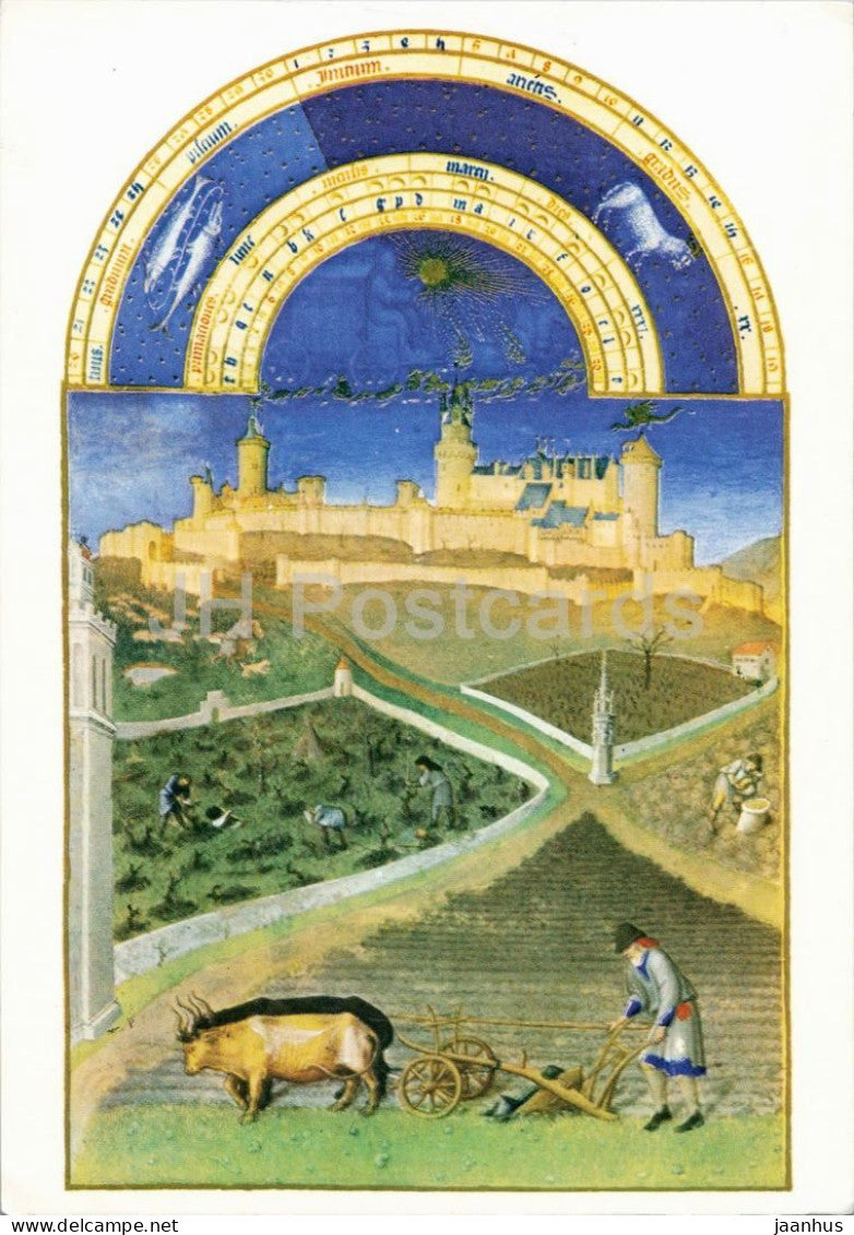 medieval manuscript illumination - Les Tres Riches Heures du Duc de Berry - March - ox - 1985 - France - used - JH Postcards