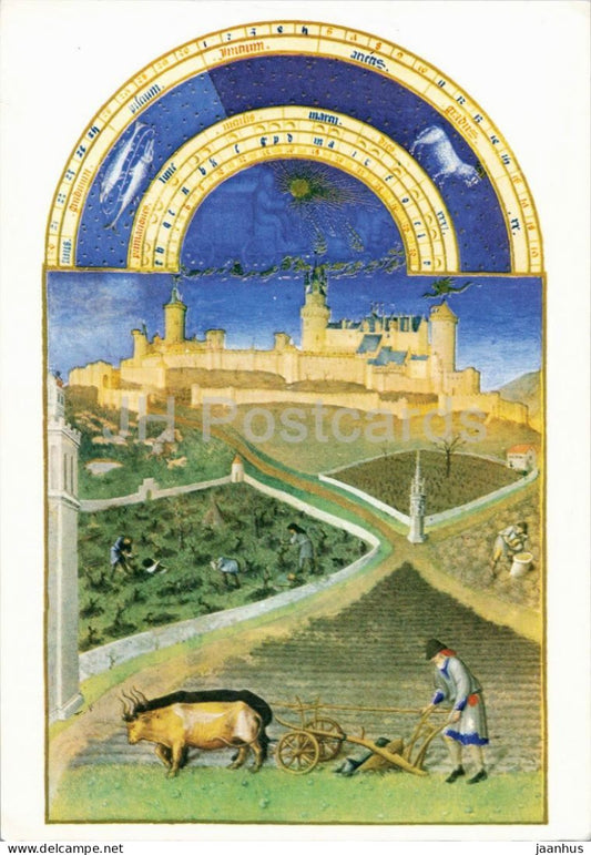 medieval manuscript illumination - Les Tres Riches Heures du Duc de Berry - March - ox - 1985 - France - used - JH Postcards