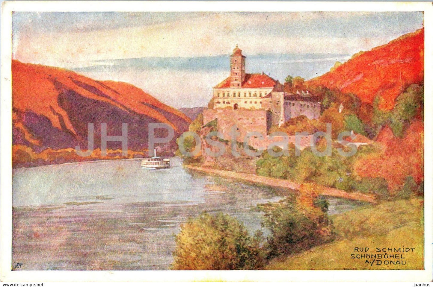 Schonbuhel - Castle - Donau - Danube - Dampfschiffahrtsgesellschaft - illustration - old postcard - Austria - unused - JH Postcards