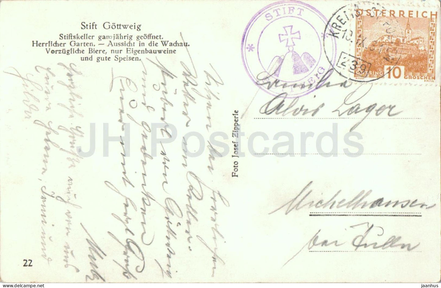 Stift Gottweig - interior - altar - church hall - 22 - old postcard - 1931 - Austria - used