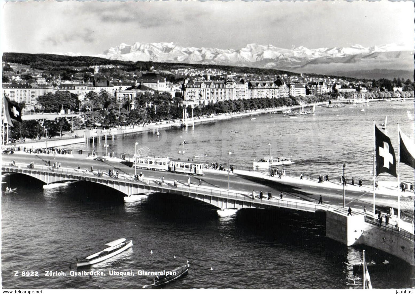 Zurich - Quaibrucke - Utoquai - Glarneralpen - bridge - tram - boat - city - 8922 - old postcard - Switzerland - unused - JH Postcards