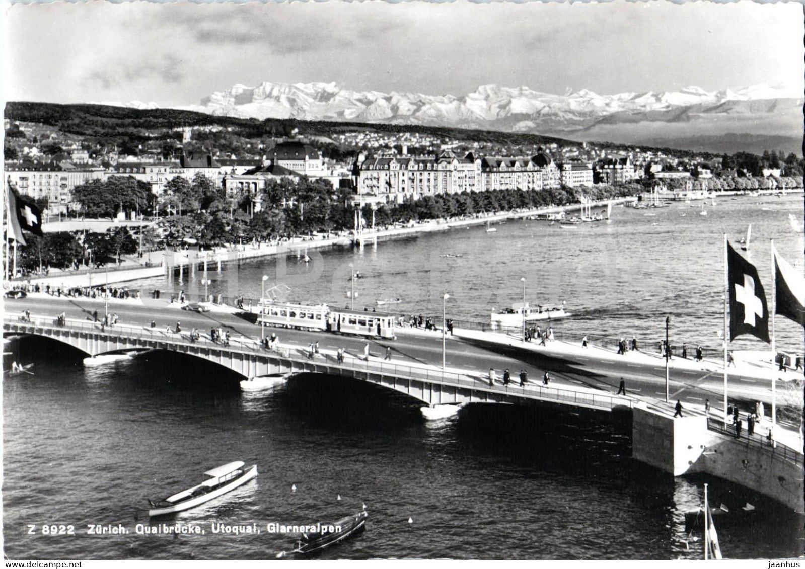 Zurich - Quaibrucke - Utoquai - Glarneralpen - bridge - tram - boat - city - 8922 - old postcard - Switzerland - unused - JH Postcards