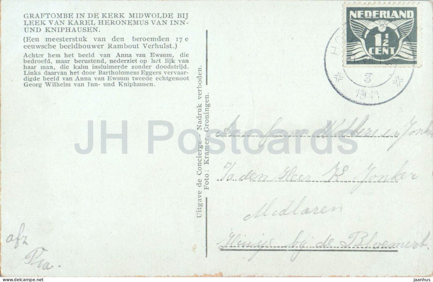 Groningen Graftombe in de Kerk Midwolde bij Leek Van Karel - Tombeau dans l'église carte postale ancienne - 1941 - Pays-Bas - utilisé 