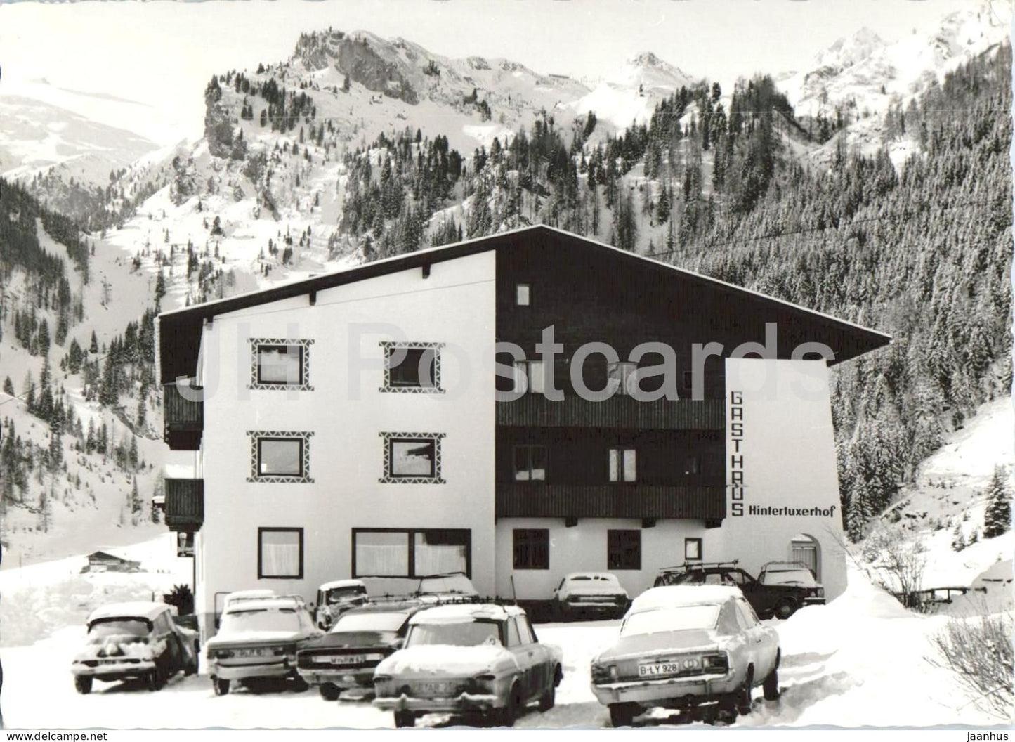 Gasthaus Hintertuxerhof - guesthouse - alpine hotel - cars - Tirol - mountains - alps - 1969 - Austria - used - JH Postcards