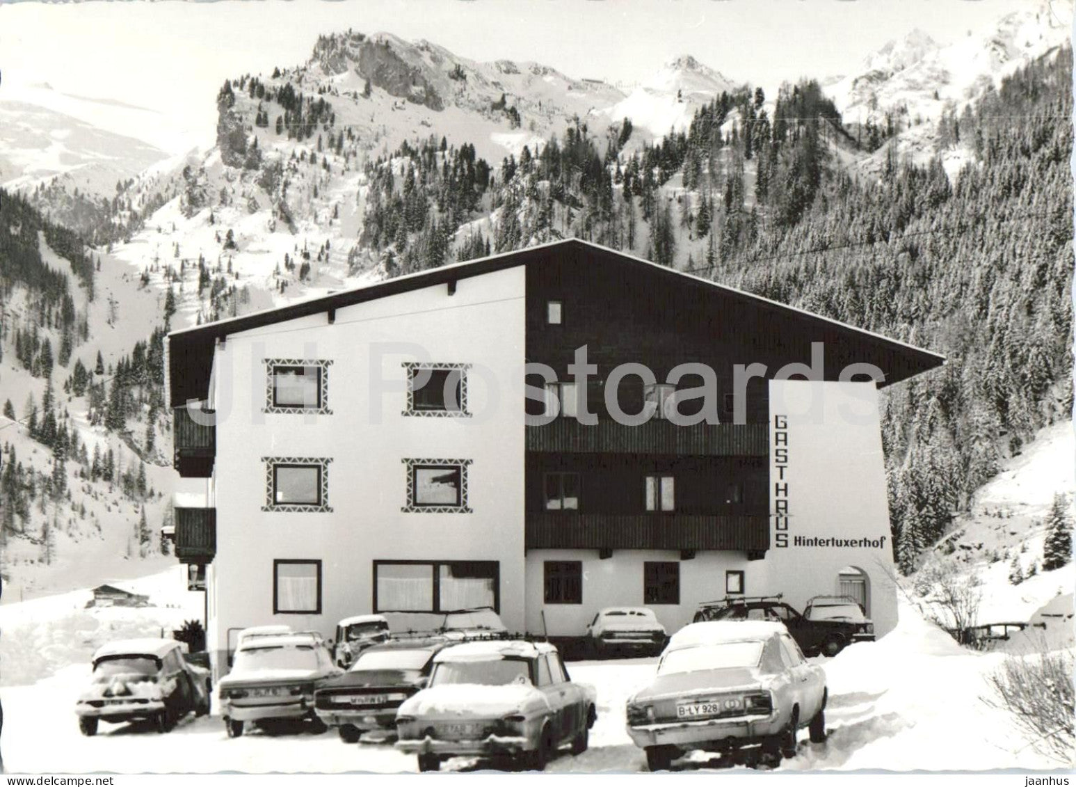 Gasthaus Hintertuxerhof - guesthouse - alpine hotel - cars - Tirol - mountains - alps - 1969 - Austria - used - JH Postcards