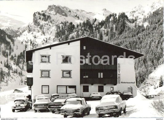 Gasthaus Hintertuxerhof - guesthouse - alpine hotel - cars - Tirol - mountains - alps - 1969 - Austria - used - JH Postcards