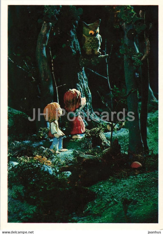 Hansel and Gretel by Brothers Grimm - owl - mushroom - dolls - Fairy Tale - 1975 - Russia USSR - unused - JH Postcards